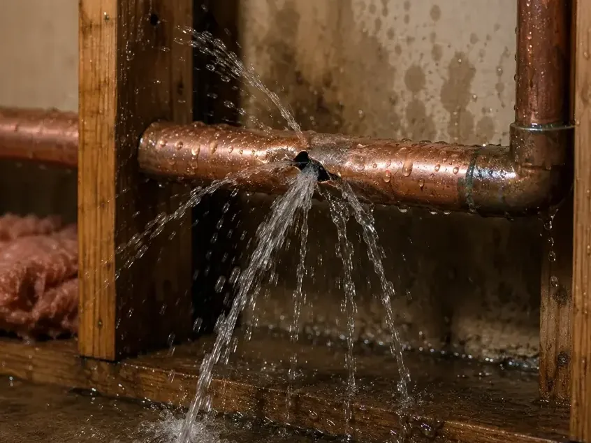 Copper supply pipe spraying water inside an open wall