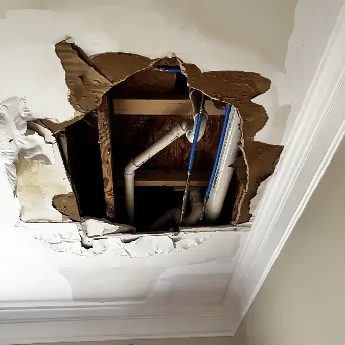 Broken ceiling opening exposing pipes and framing above an interior room